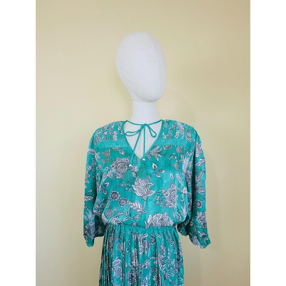1980s Vintage Diane Freis Green Floral Puffed Sleeve Dress / Pleated  Dress / XL - Picture 5 of 8